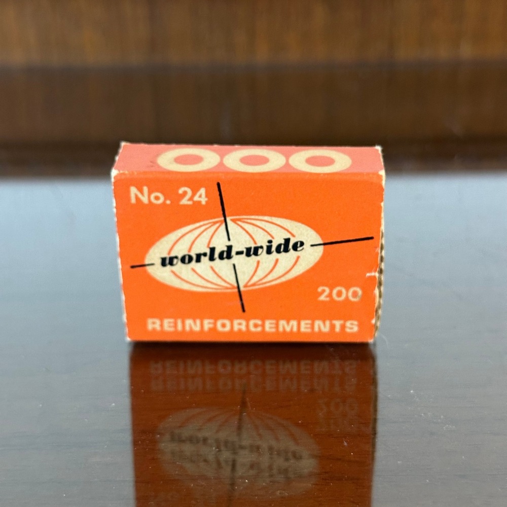 Vintage World-Wide No 24 Paper Reinforcements 200 Count Box Made in USA Orange